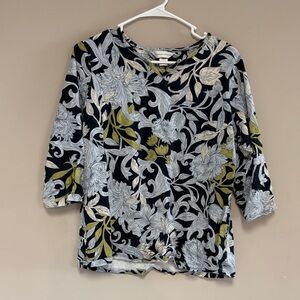 Christopher & Banks Navy and Olive Floral Blouse